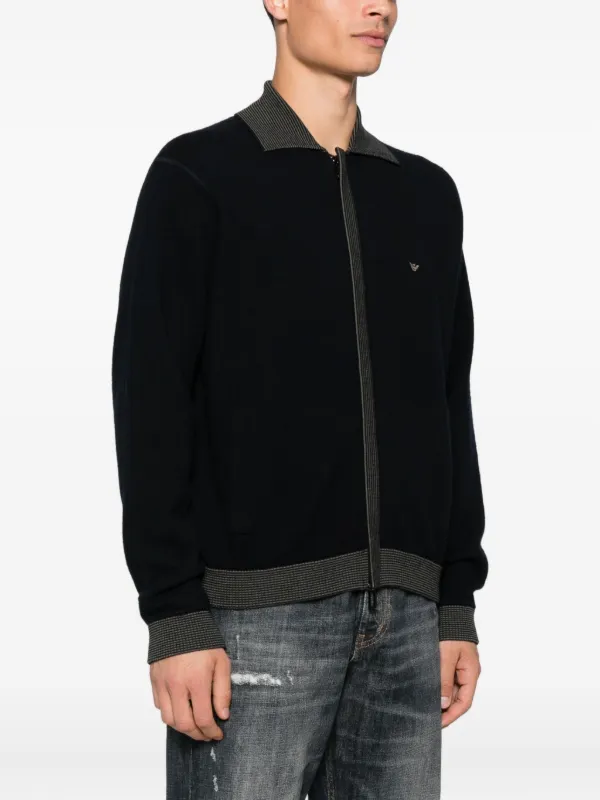 Emporio Armani ribbed-trimmed zip-up Cardigan | Blue | FARFETCH IN