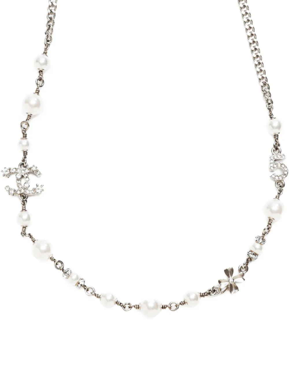 Pre-owned Chanel 2023 Cc-mark Pearl-rhinestone Necklace In Silver