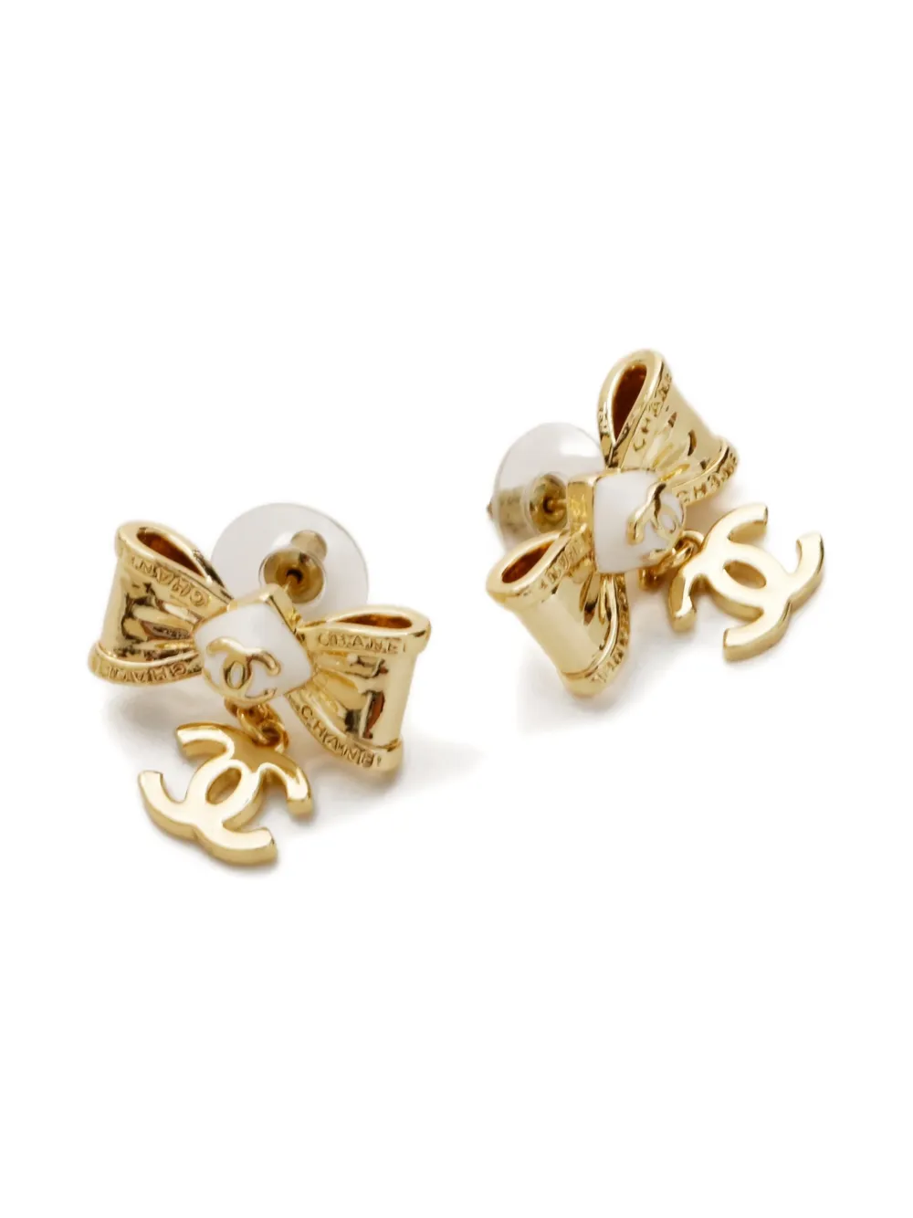 Pre-owned Chanel 2022 Cc-mark Ribbon Earrings In Gold