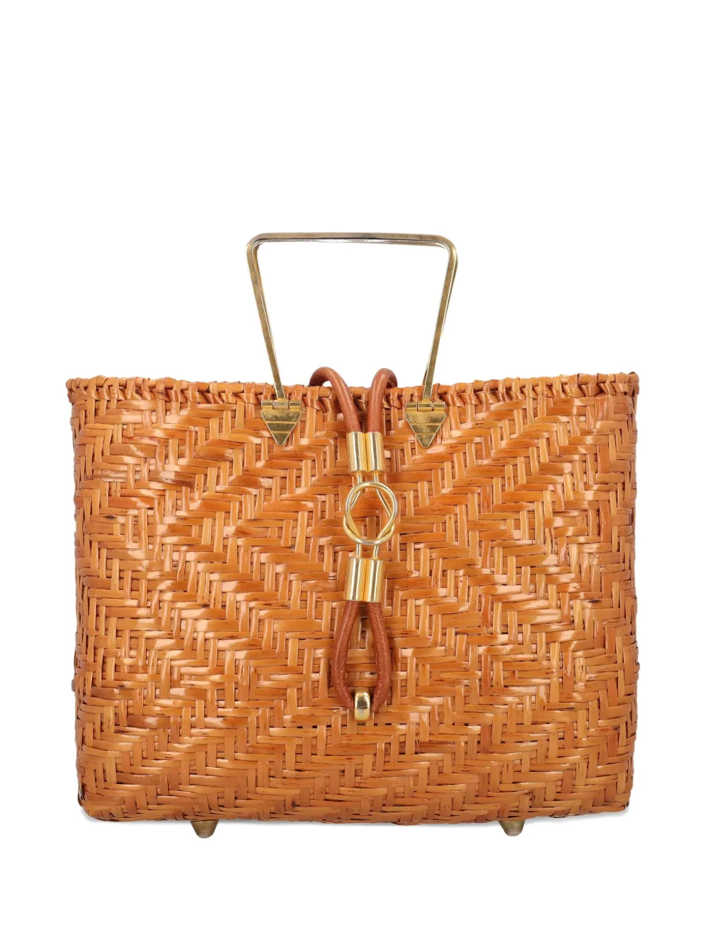 Pre-owned Vintage Wicker Metal-handle Tote Bag In Brown