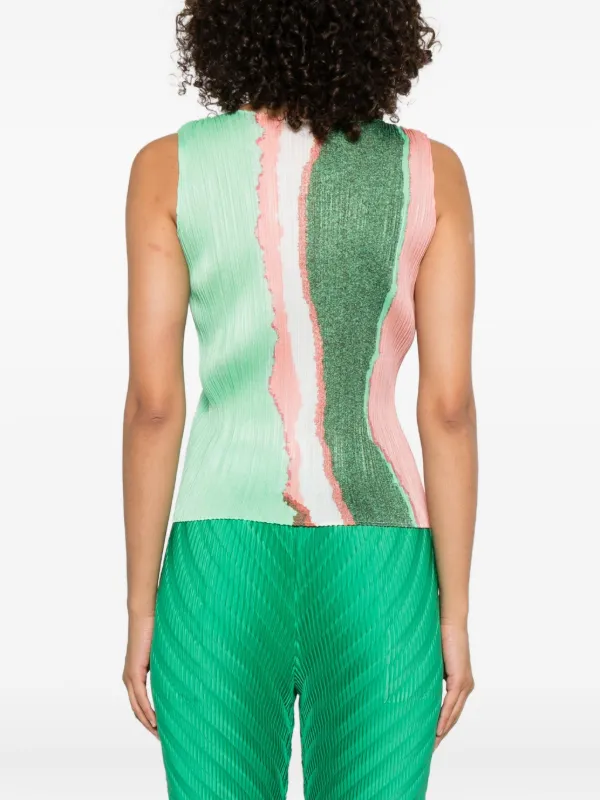 PLEATS PLEASE ノースリーブブラウス グリーン Pleats Please Issey Miyake プリント ノースリーブトップ | グリーン