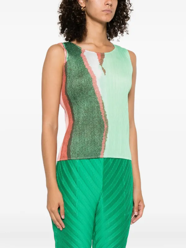 Pleats Please Issey Miyake プリント ノースリーブトップ | グリーン 