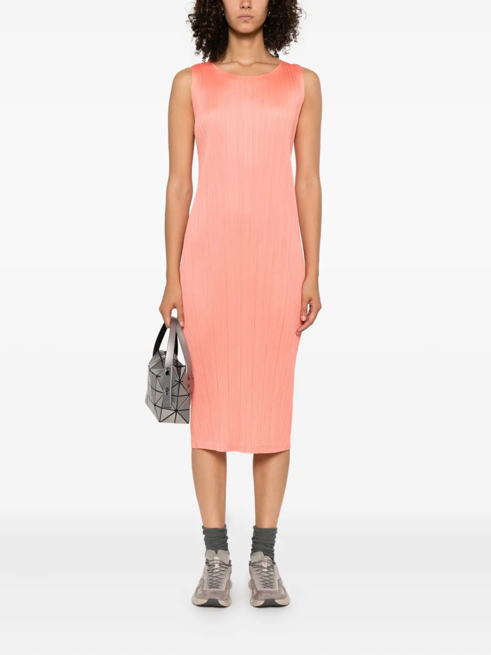 Pleats Please Issey Miyake pleated midi dress Oranje
