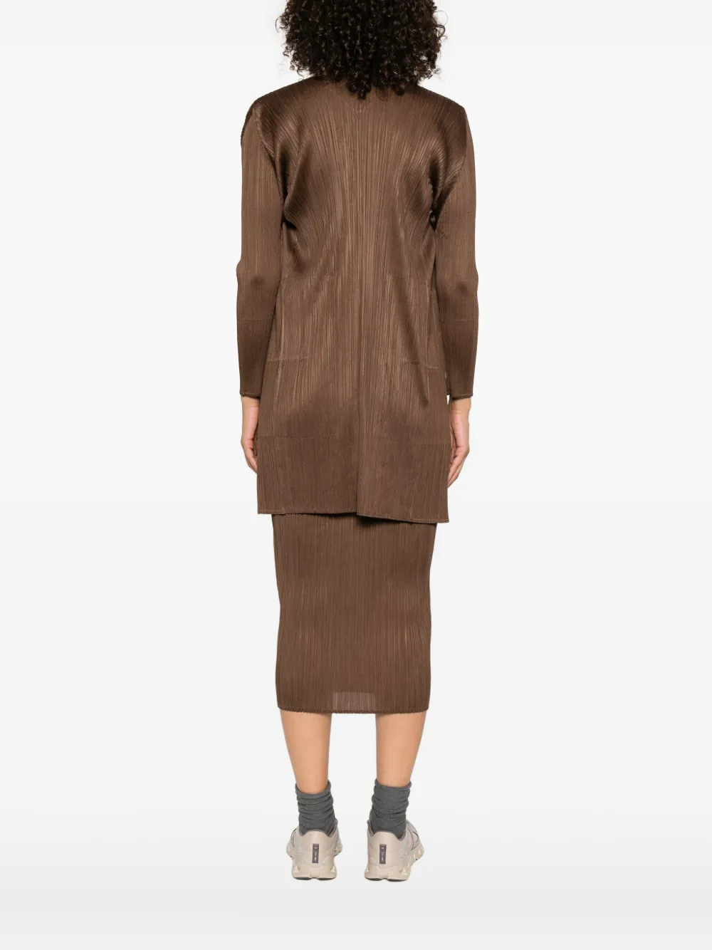 Pleats Please Issey Miyake Geplooide jas met open voorkant Bruin