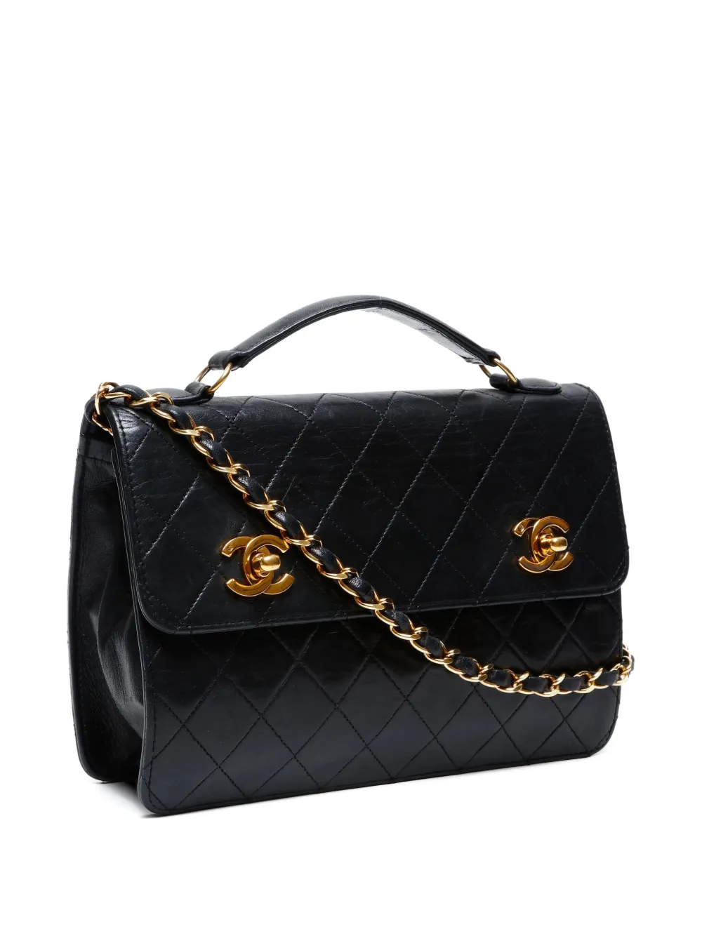 Pre-owned Chanel 1989-1991 Double Turn-lock Flap Shoulder Bag In Black