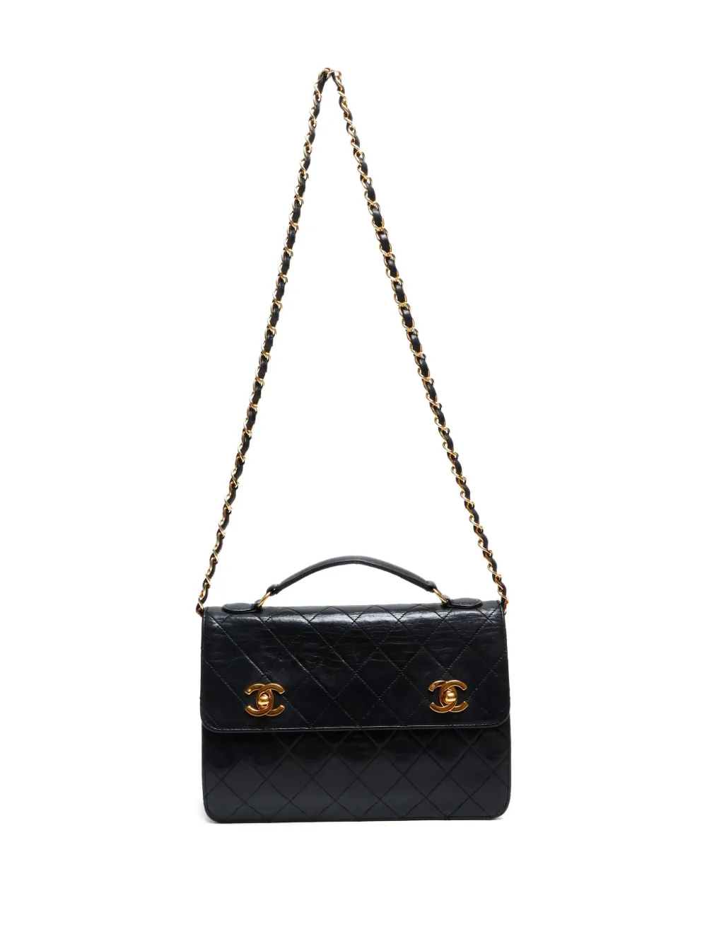 Pre-owned Chanel 1989-1991 Double Turn-lock Flap Shoulder Bag In Black