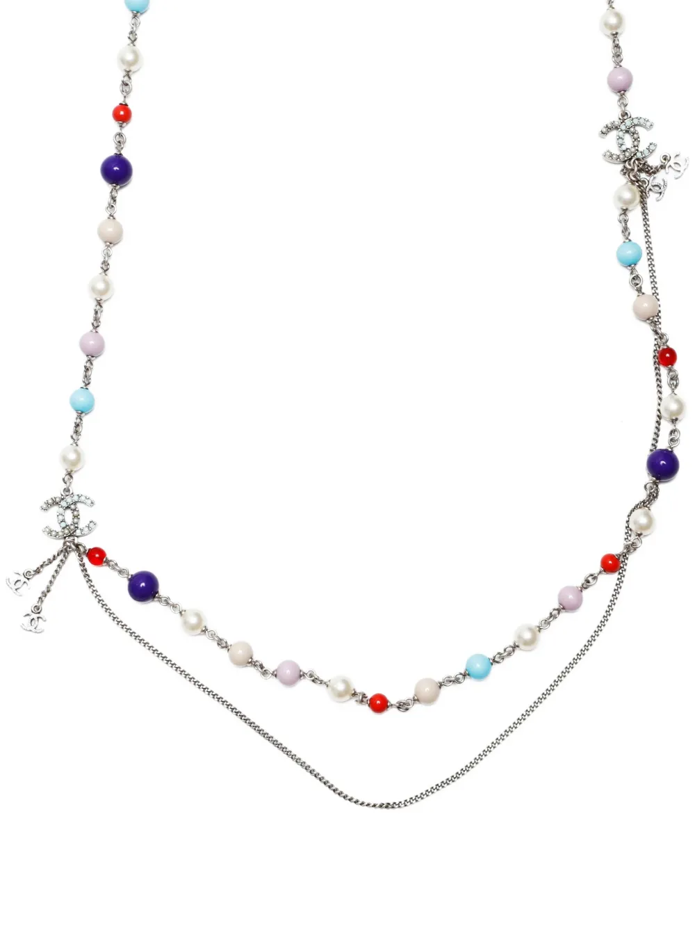 Pre-owned Chanel 2012 Cc Mark Pearl Long Necklace In Silver