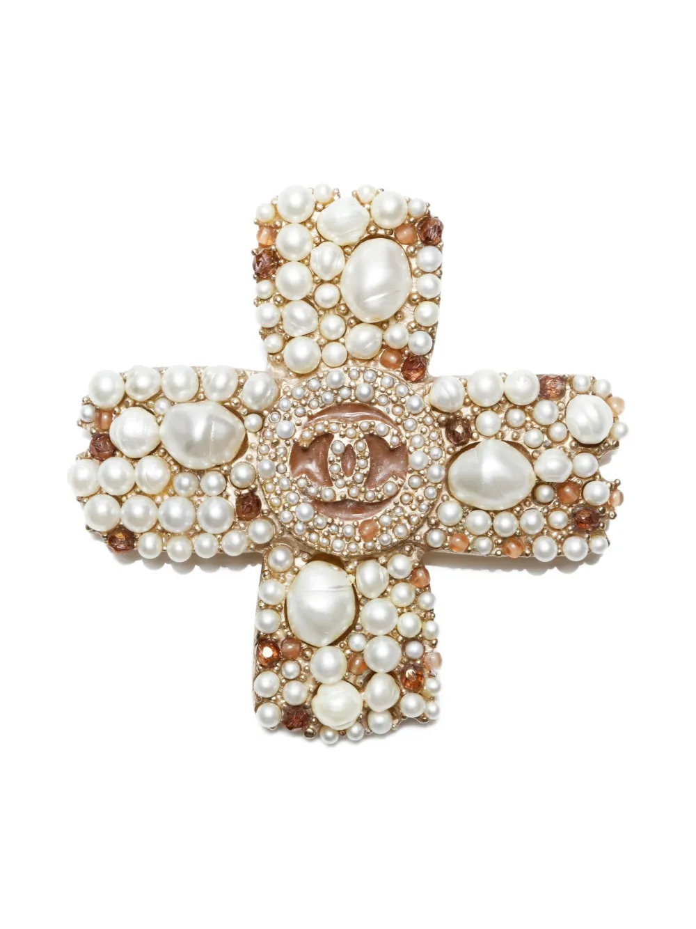 CHANEL Pre-Owned 2005 パール クロス ブローチ - ゴールドトーン CHANEL Pre-Owned 2005 パール クロス ブローチ - ゴールドトーン