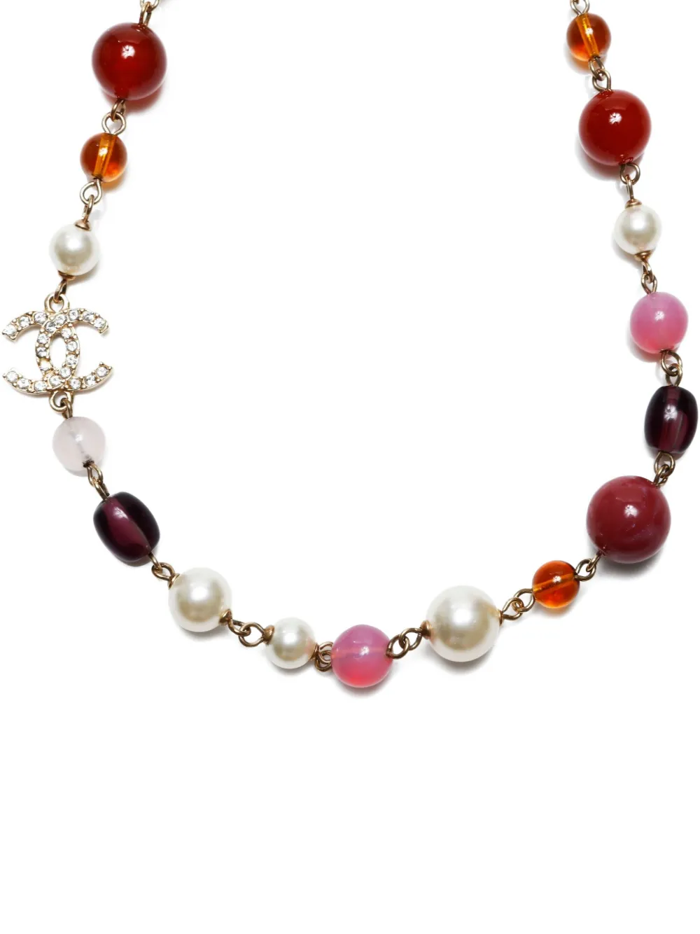 Pre-owned Chanel 2008 Cc Mark Pearl Necklace In Red
