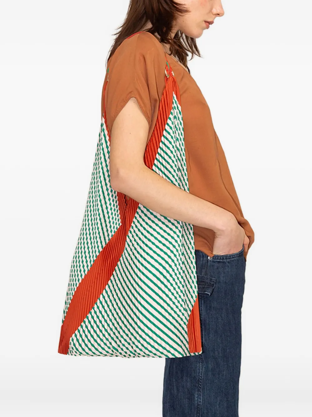 Multitudes Bags Pleated Striped Tote Bag In Green