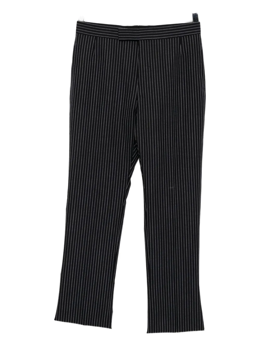Thom Browne Navy Pinstripe High Twist Wool Backstrap Trousers In Black