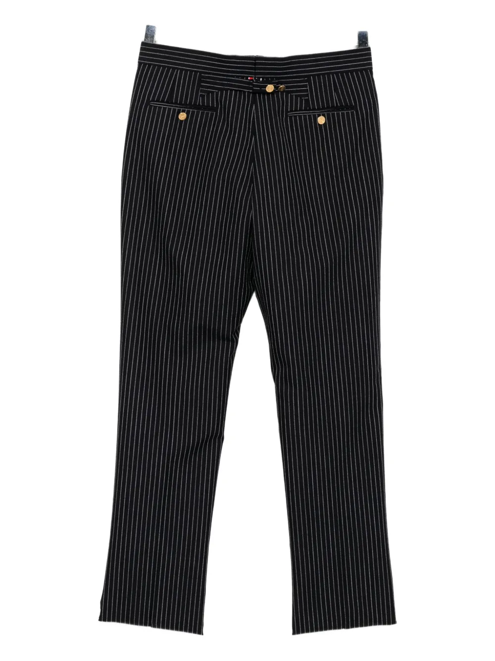 Thom Browne Navy Pinstripe High Twist Wool Backstrap Trousers In Black