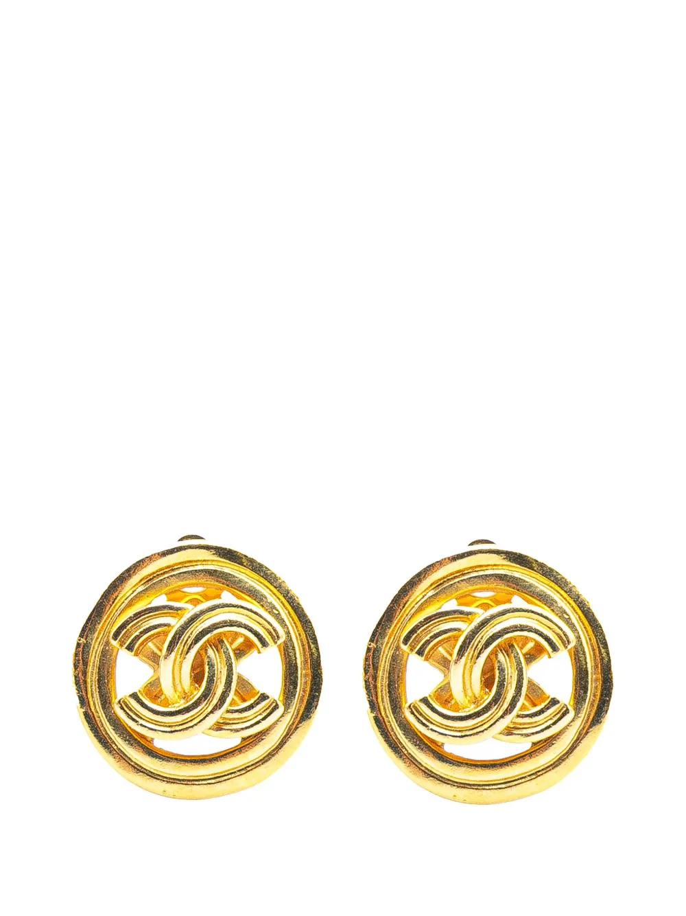 CHANEL Pre-Owned 1996 Gold Plated CC Round Clip On Earrings costume CHANEL Pre-Owned 1996 Gold Plated CC Round Clip On Earrings costume