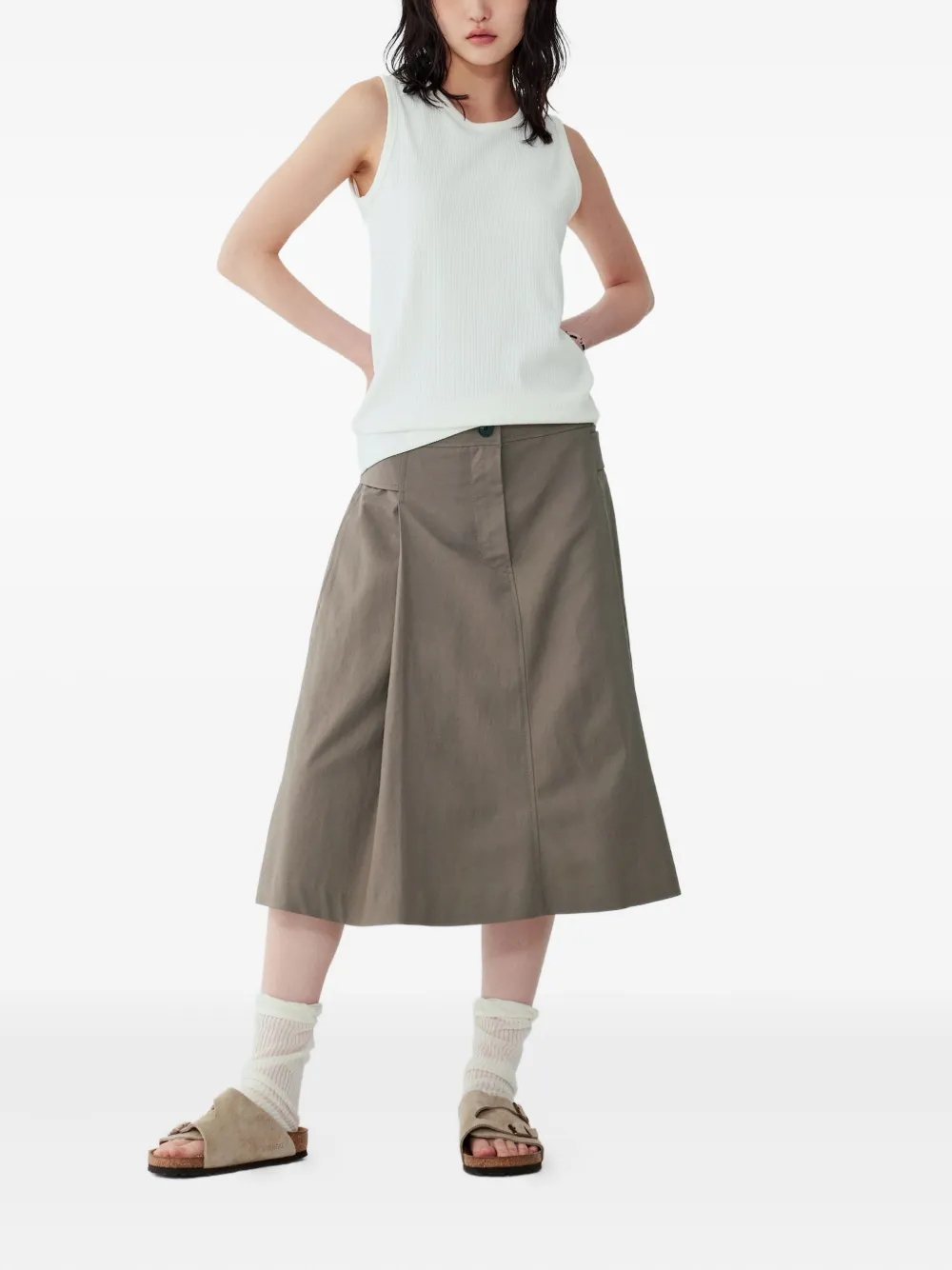 Studio Tomboy Belted Pleated Midi Skirt In Brown