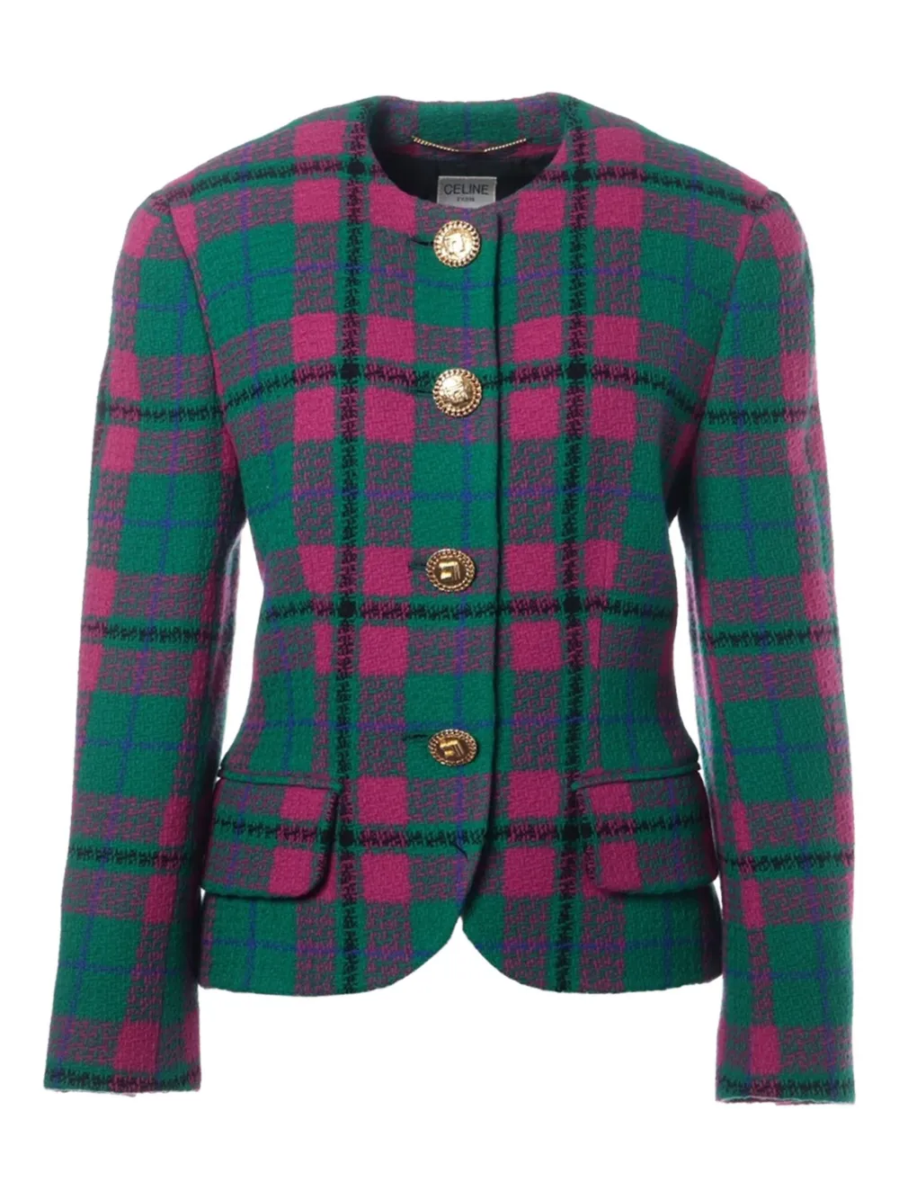 Pre-owned Celine 1970-1990 Plaid Button Jacket In Green