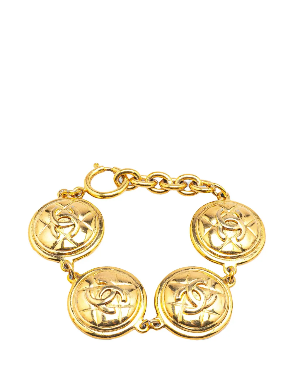 CHANEL Pre-Owned 1970-1980 Gold Plated CC Quilted Medallion Bracelet CHANEL Pre-Owned 1970-1980 Gold Plated CC Quilted Medallion Bracelet