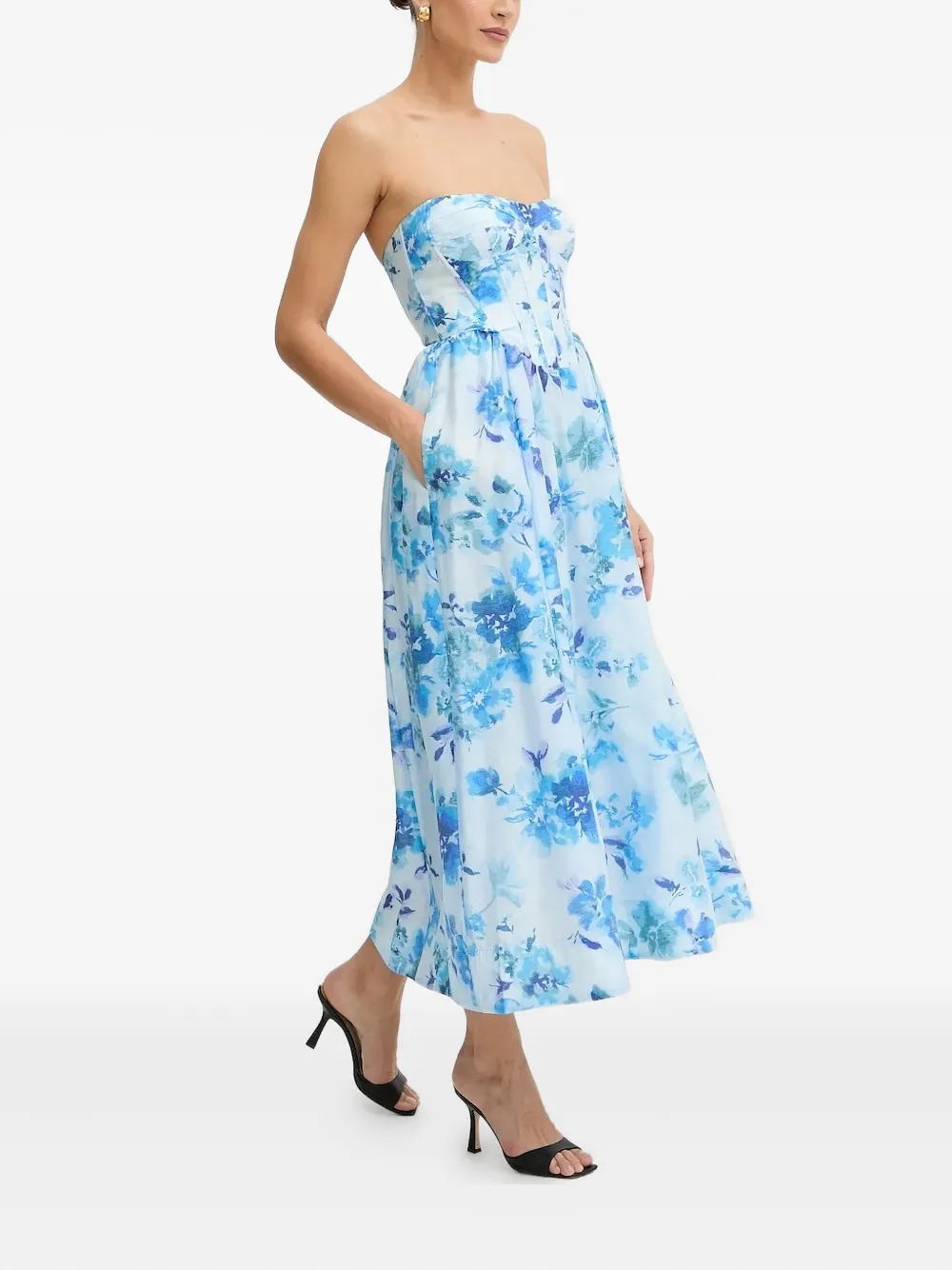 Bardot Floral Corset Midi Dress In Blue