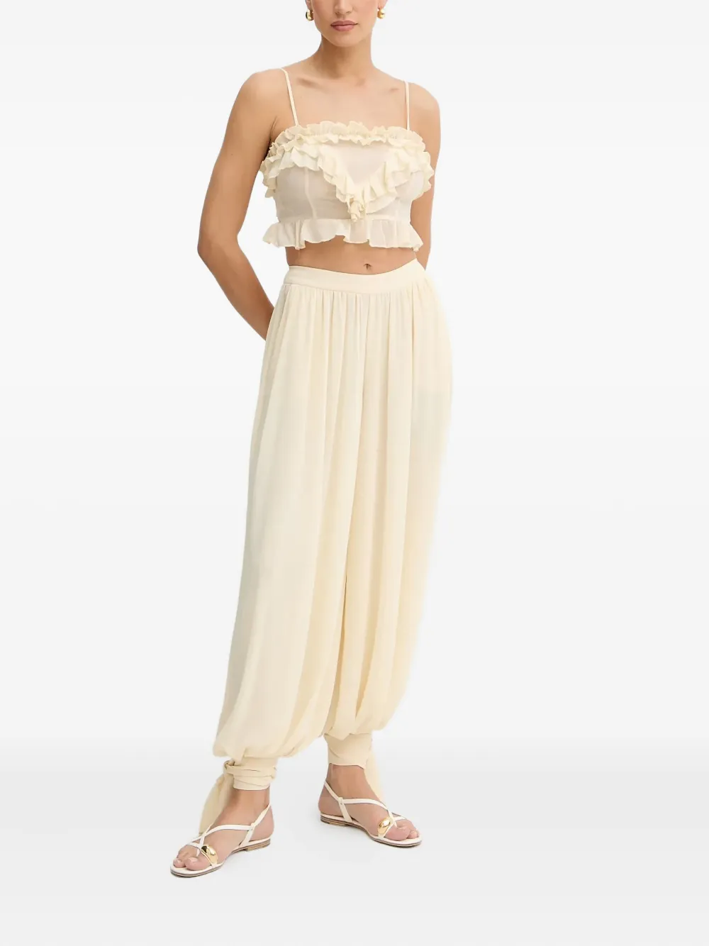 Bardot Gesmockte broek met gestrikte manchetten - Beige