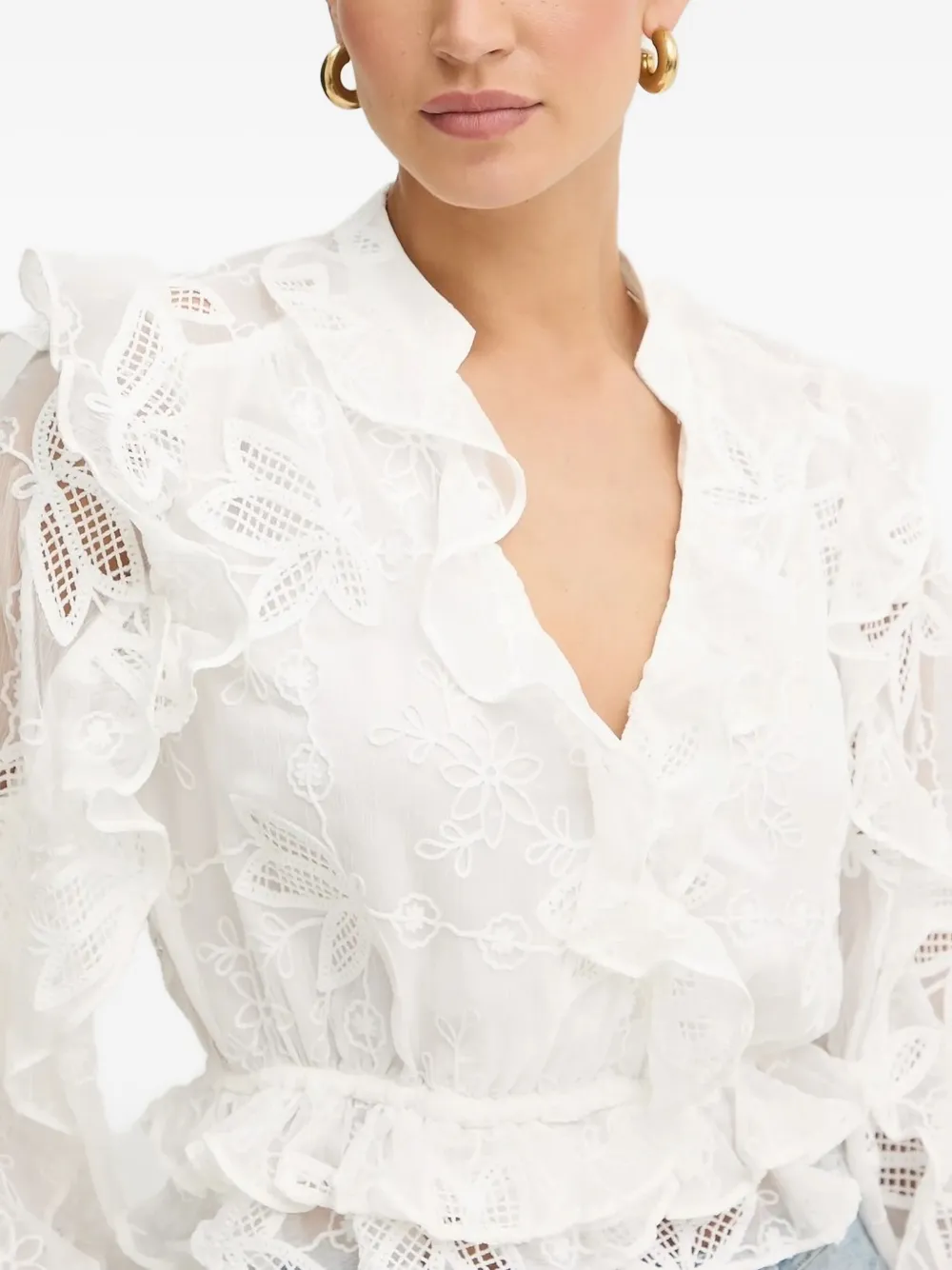 Bardot Embroidered Ruffled Top In White