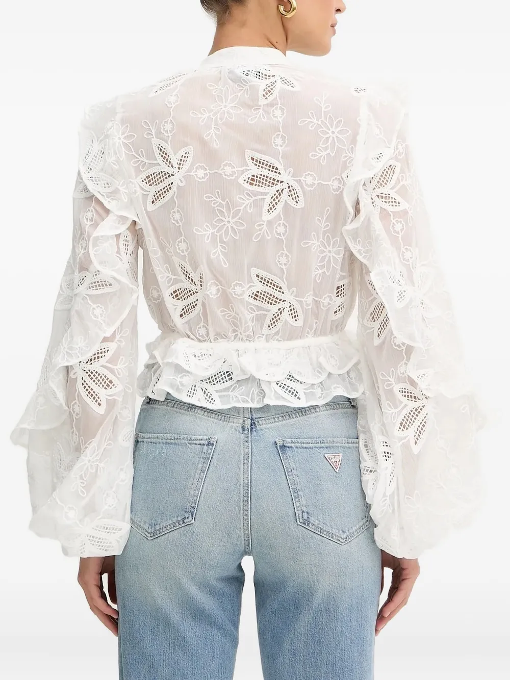 Bardot embroidered ruffled top - Wit