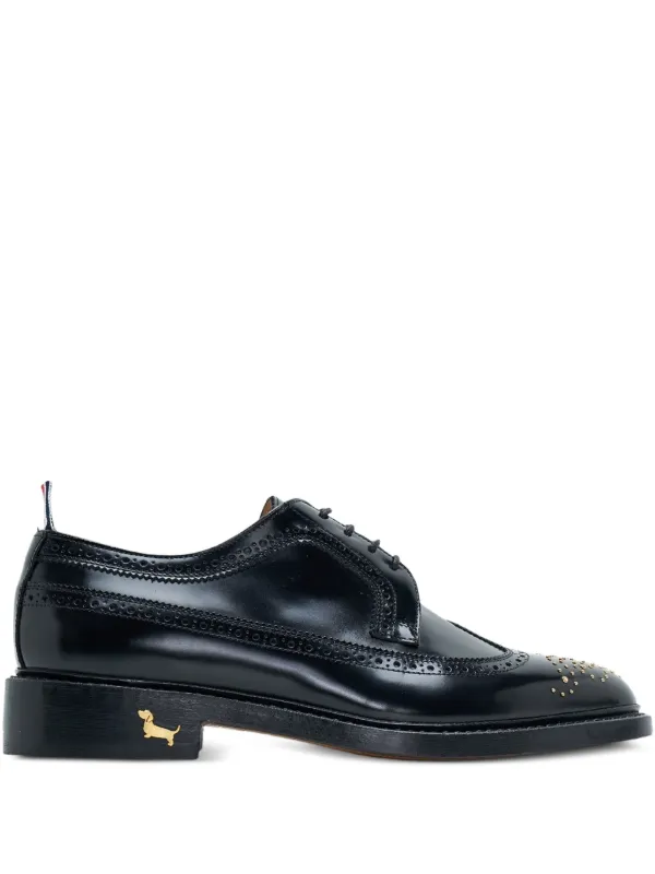 THOM BROWNE 黒 レザー 靴 Pebble Lucido Goodyear Leather Sole Classic Longwing Brogue