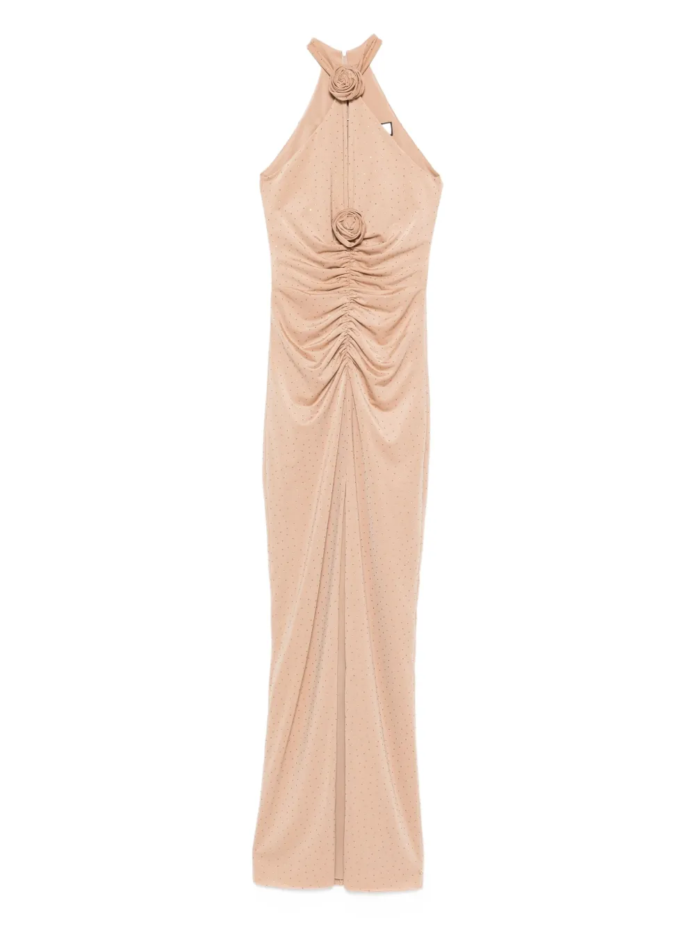 rose-embellished ruched maxi evening dress