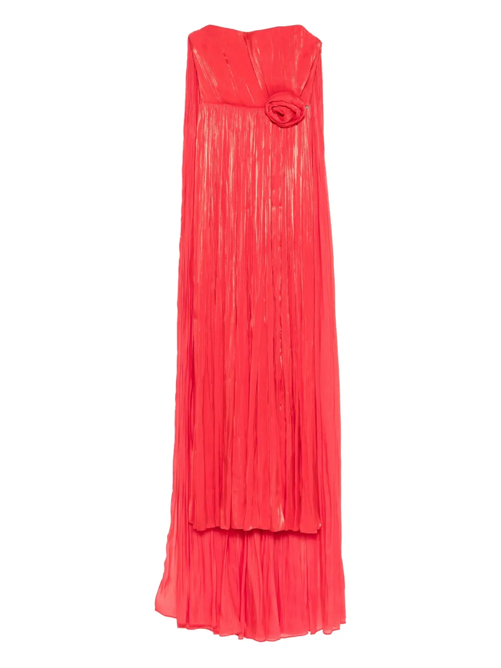 pleated rose-embellished asymmetric evening dress
