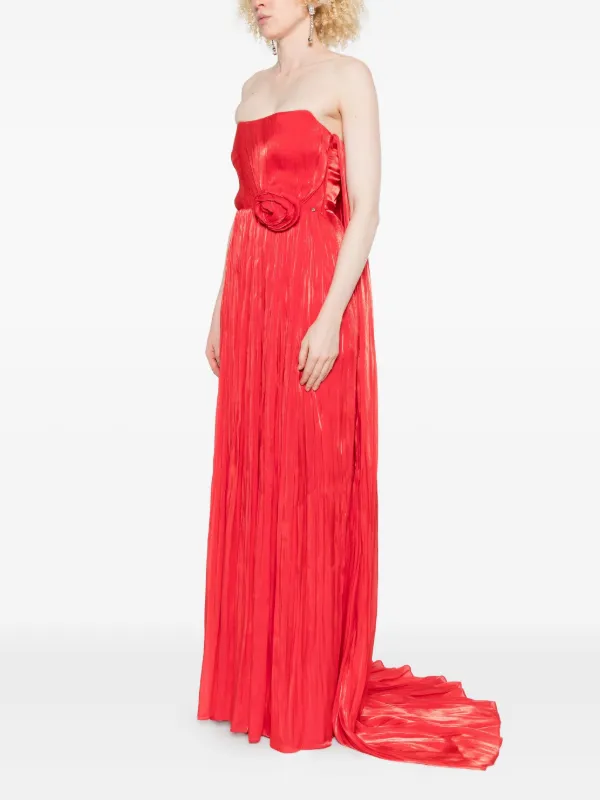 NISSA Pleated rose-embellished Asymmetric Evening Dress | Red | FARFETCH