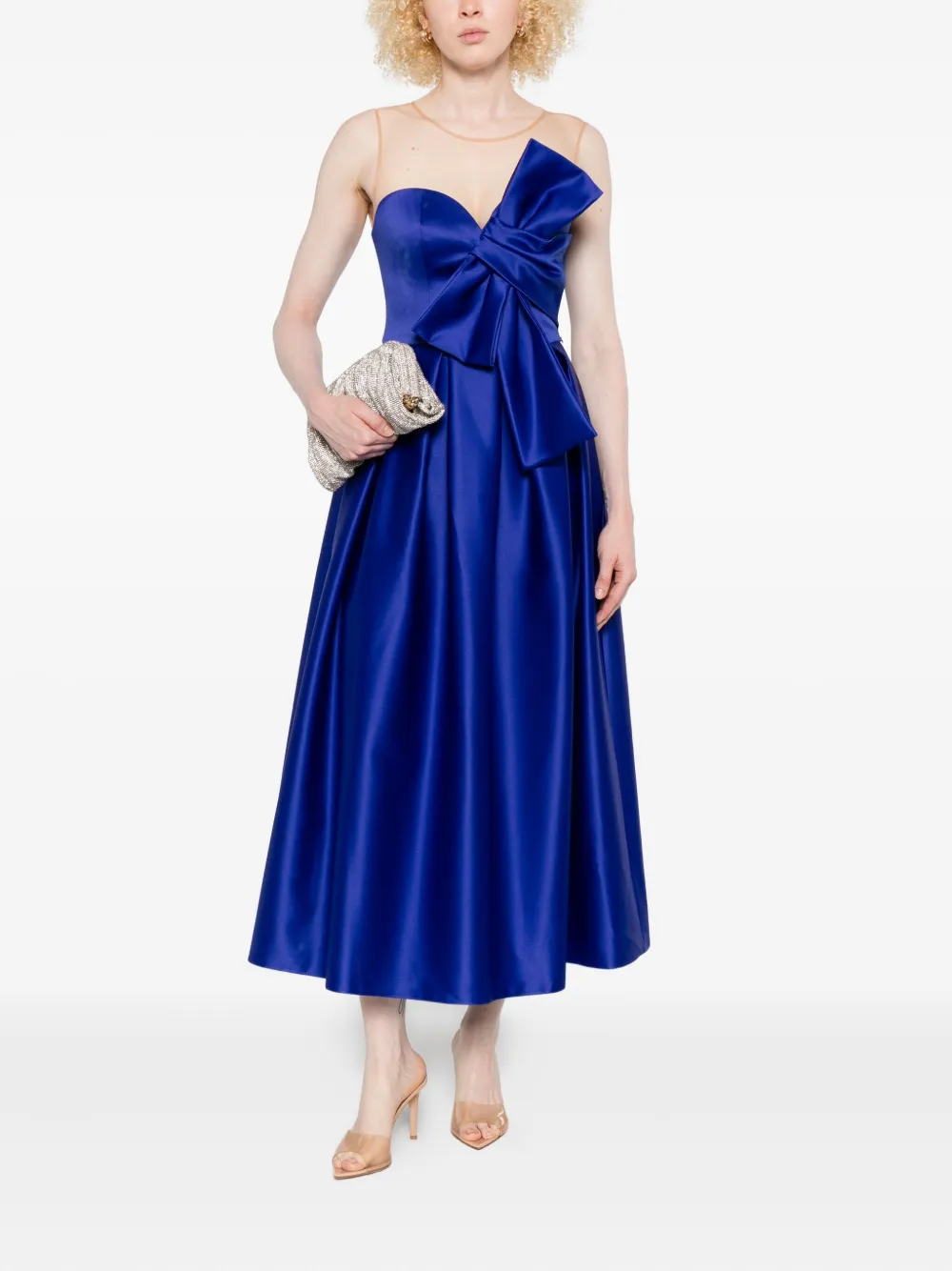 NISSA Midi-jurk met strikdetail en mesh vlak - Blauw