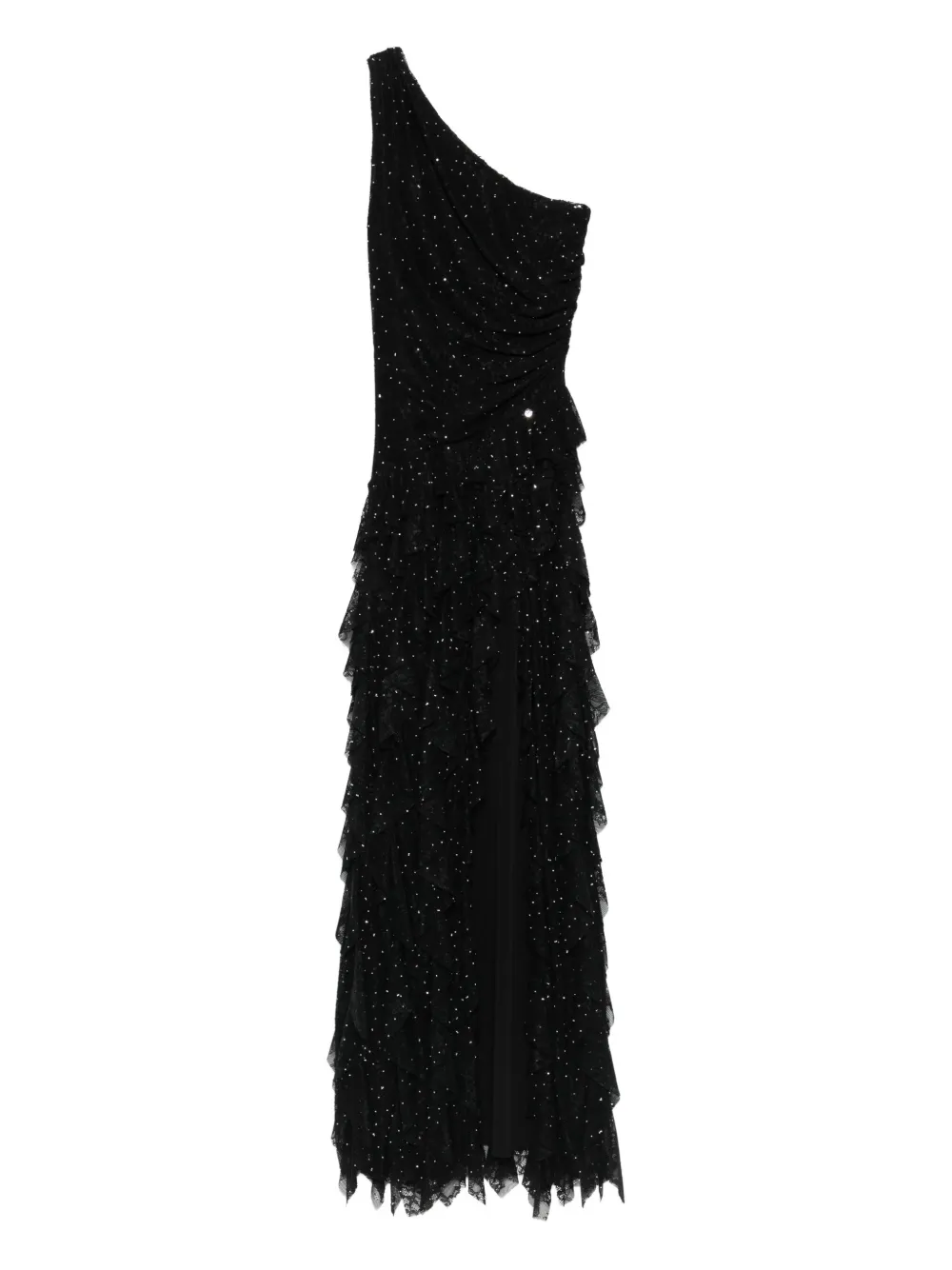 embellished ruffled asymmetric evening dress