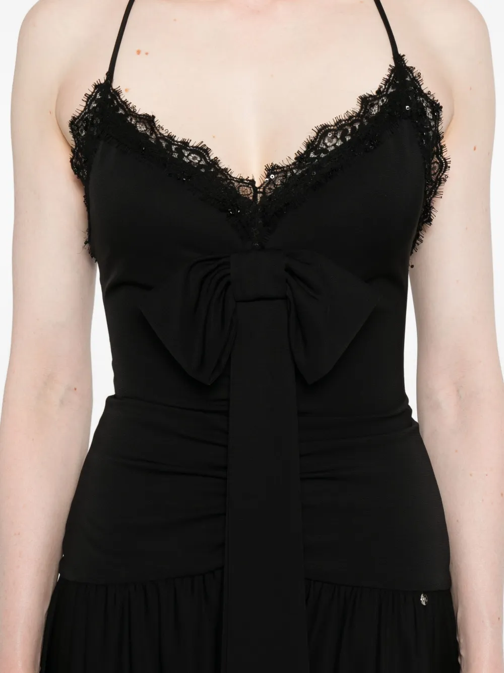 NISSA lace-trimmed bow asymmetric party dress Zwart
