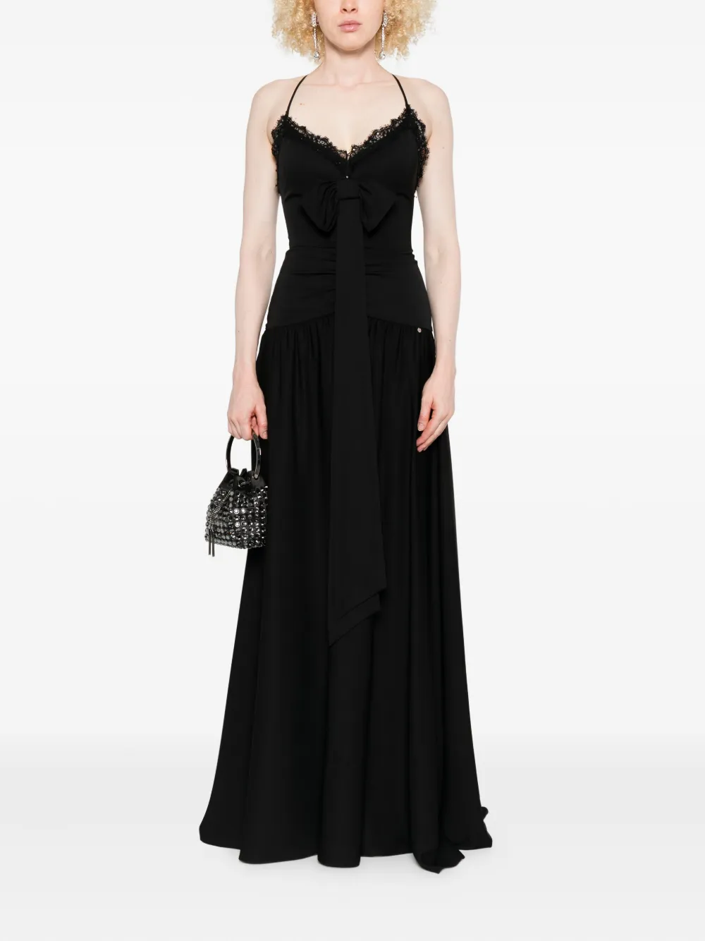 NISSA lace-trimmed bow asymmetric party dress Zwart