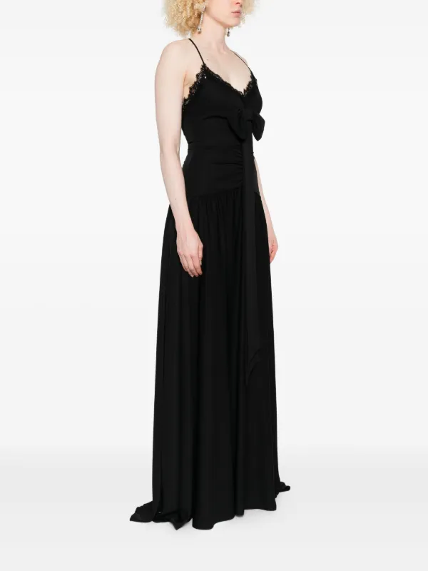 open lace back dress Chic Asymmetric One Shoulder Satin Floor Length Party Dress with Lace Trousers