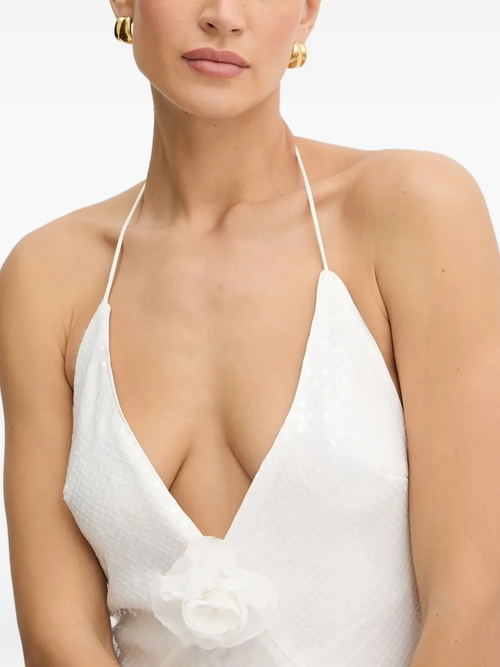 Bardot Aradia Rosette Sequin Plunge Halter Gown In White