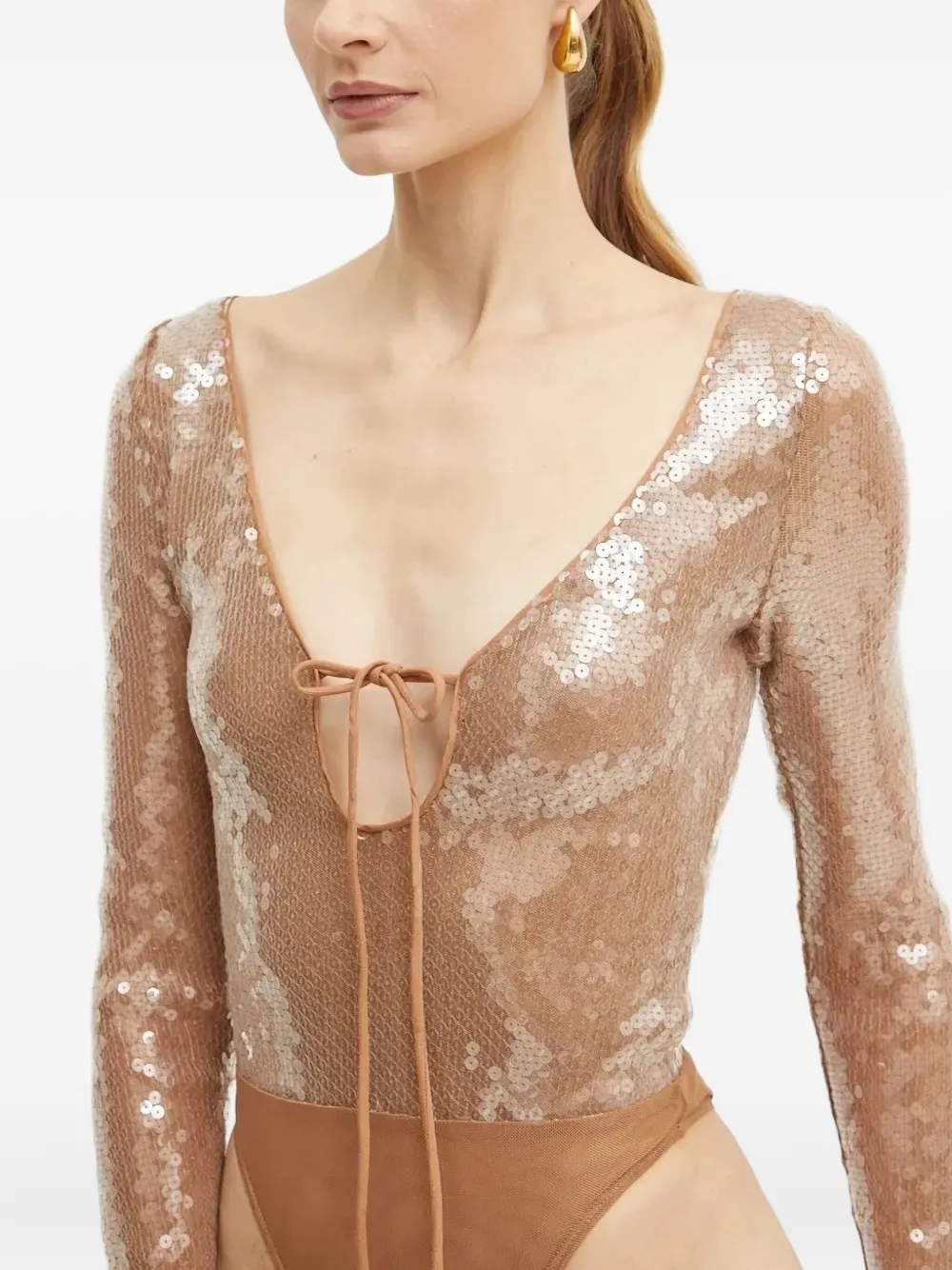 Bardot Body met pailletten en gestrikte hals Beige