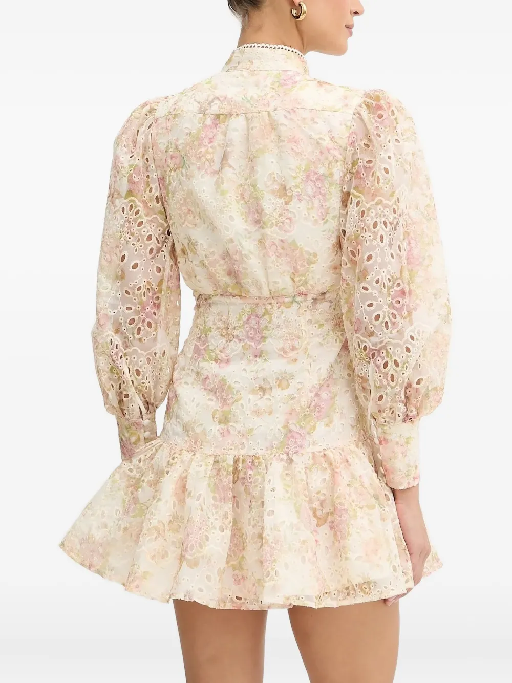 Bardot Mini-jurk met ruches en geborduurd ringlets - Beige