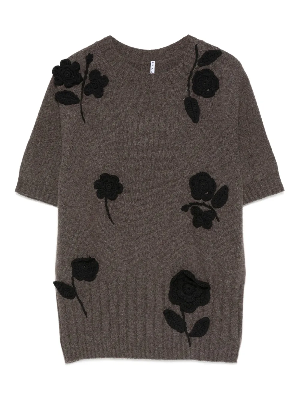 floral-embroidered short-sleeve sweater