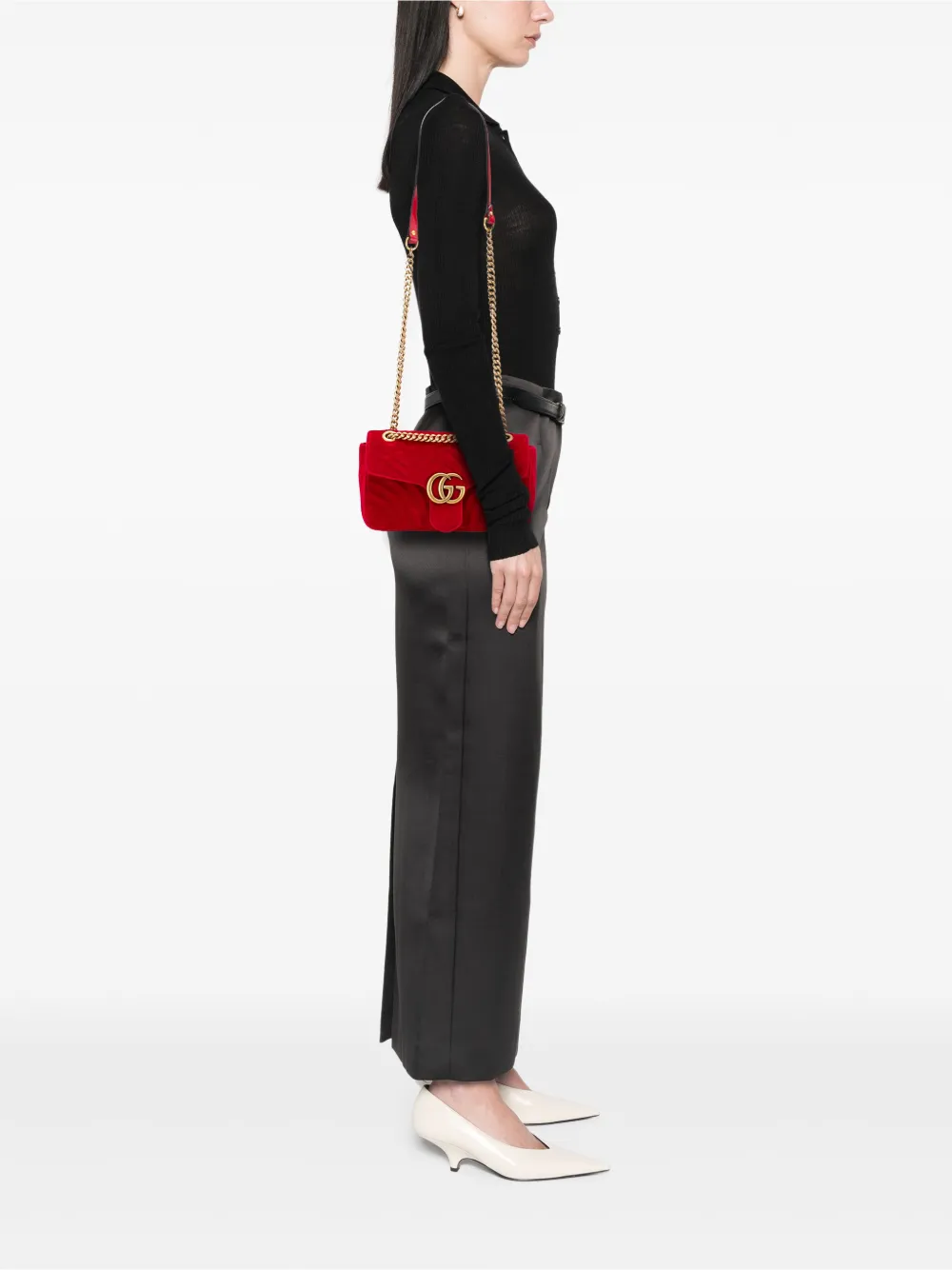 Pre-owned Gucci 2016-2025 Small Gg Marmont Matelasse Velvet Flap Crossbody Bag In Red