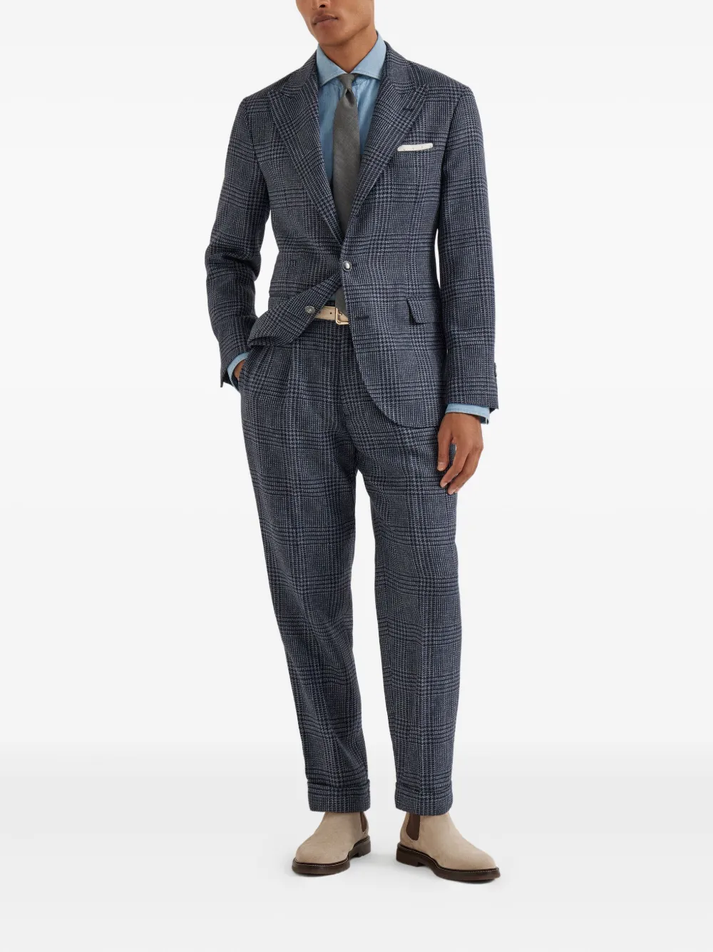 Brunello Cucinelli Prince of Wales double-pleated check trousers Blauw