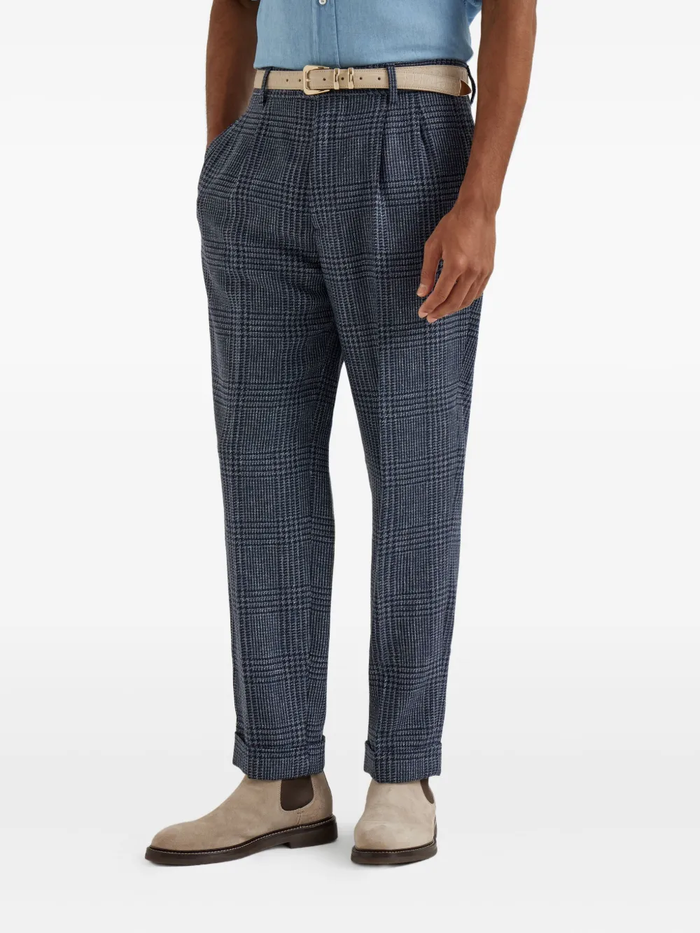 Brunello Cucinelli Prince of Wales double-pleated check trousers Blauw