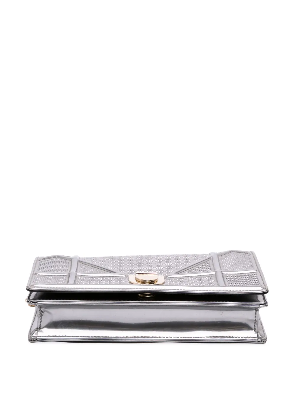 Pre-owned Dior 2017 Metallic Patent Microcannage Ama Wallet On Chain Crossbody Bag In Silver
