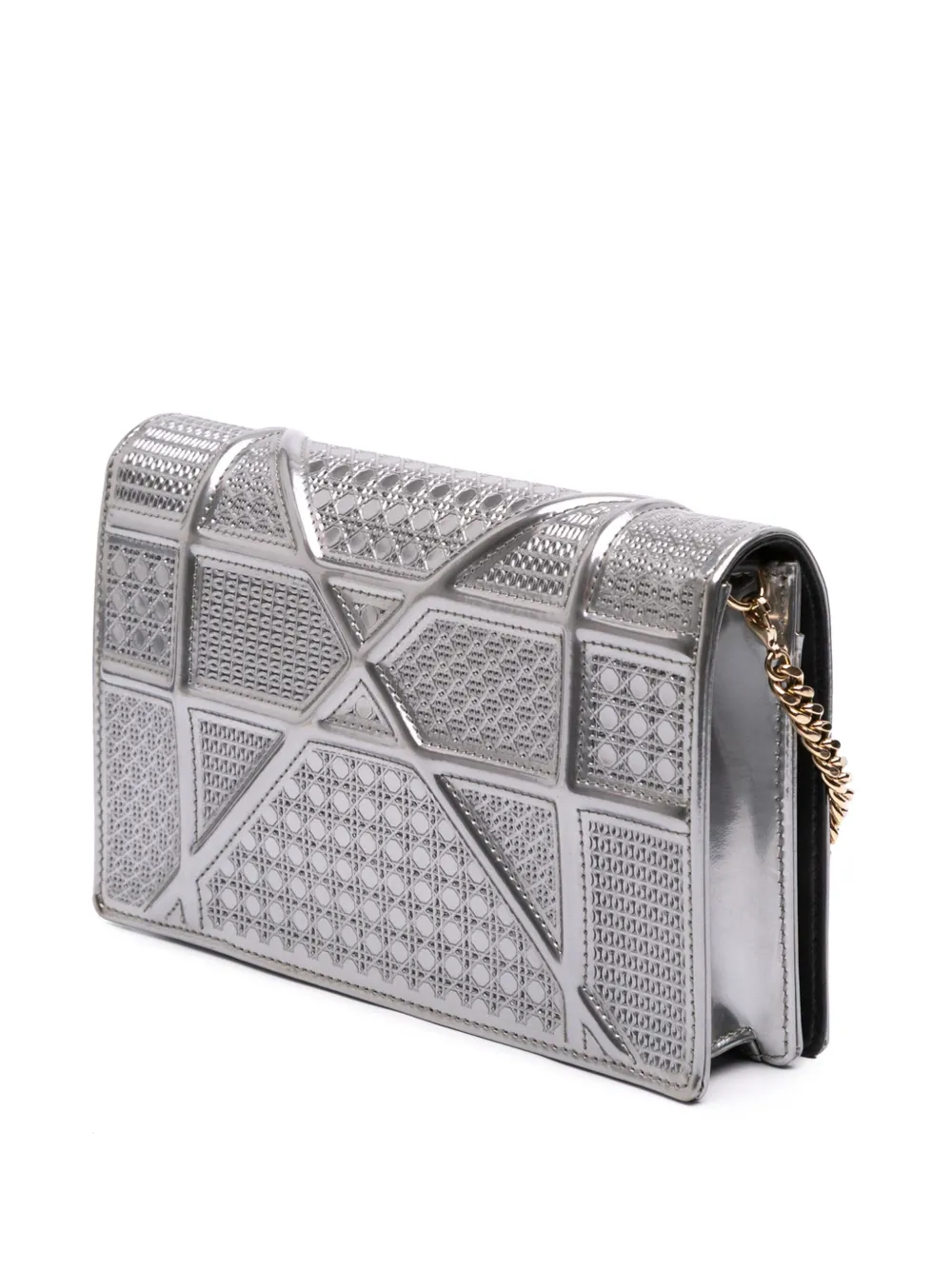 Pre-owned Dior 2017 Metallic Patent Microcannage Ama Wallet On Chain Crossbody Bag In Silver