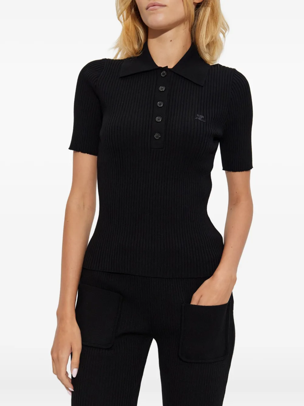 Courrèges ribbed polo top Zwart