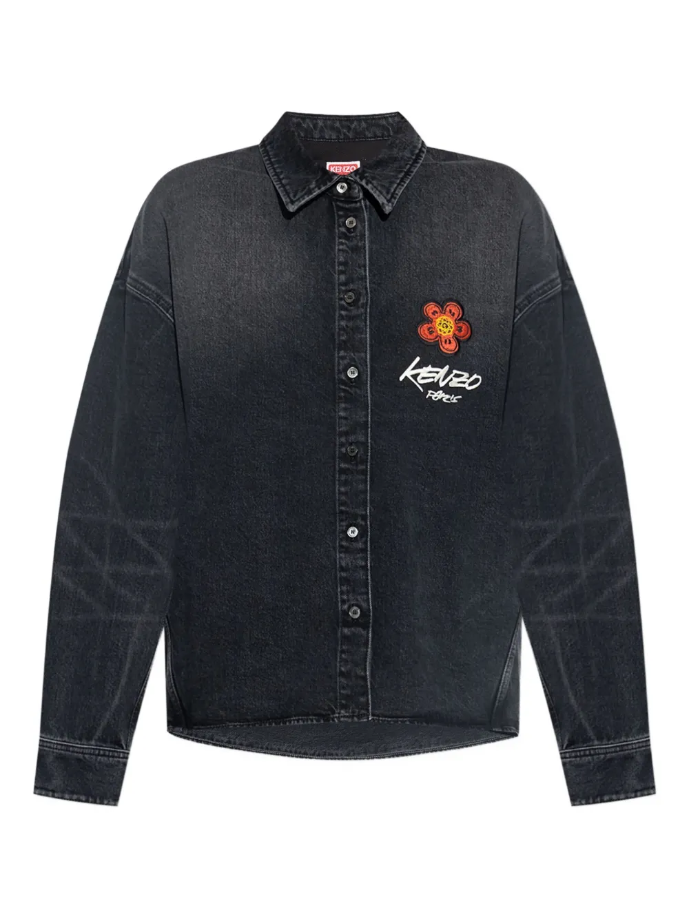 flower-embroidered denim shirt