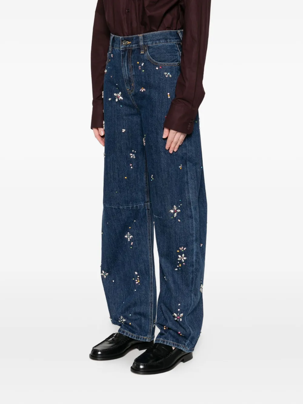 Self-Portrait crystal-flower embellished jeans Blauw