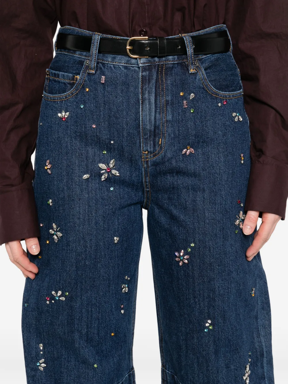 Self-Portrait crystal-flower embellished jeans Blauw