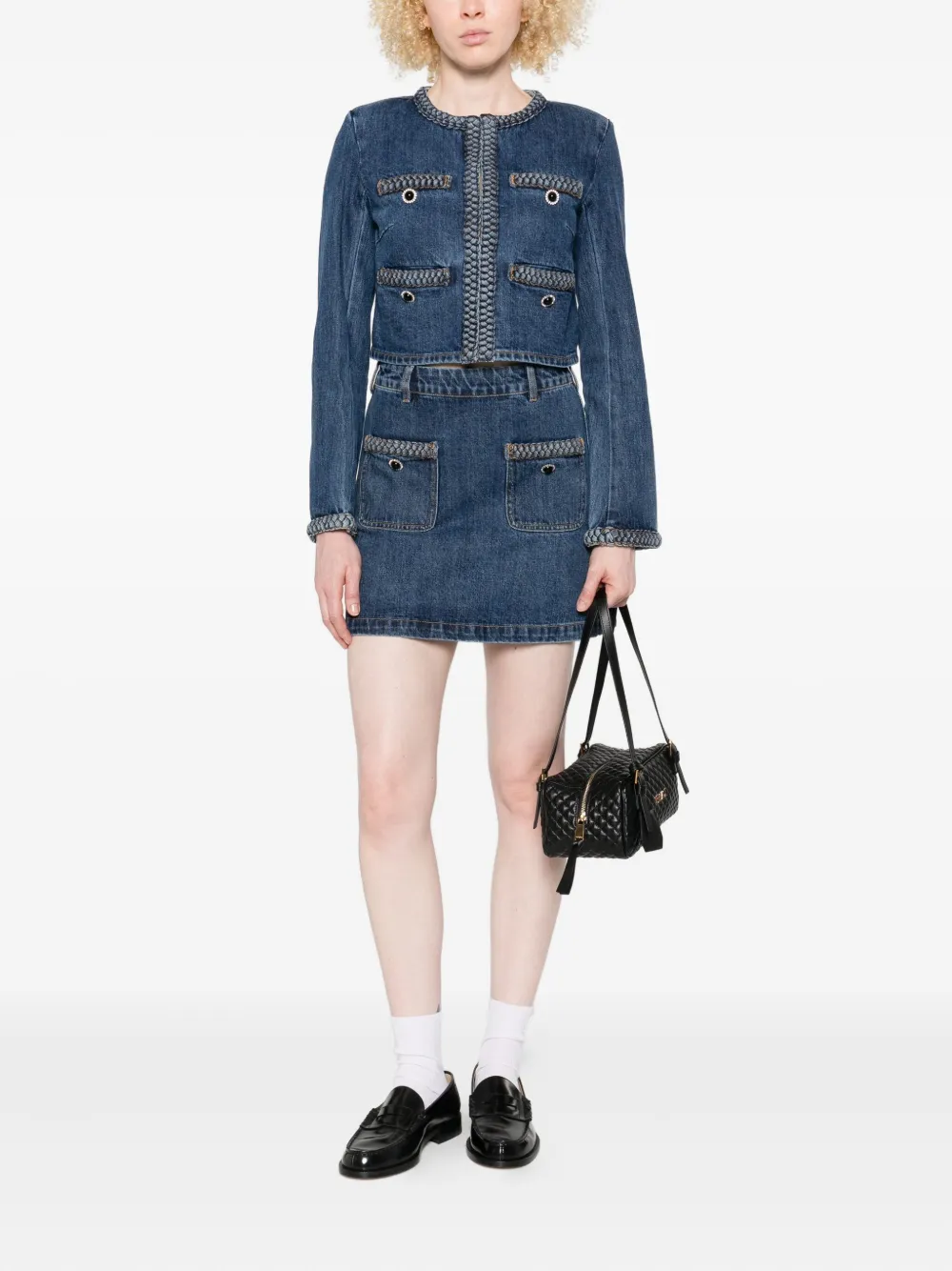 Self-Portrait braided-trim denim jacket Blauw