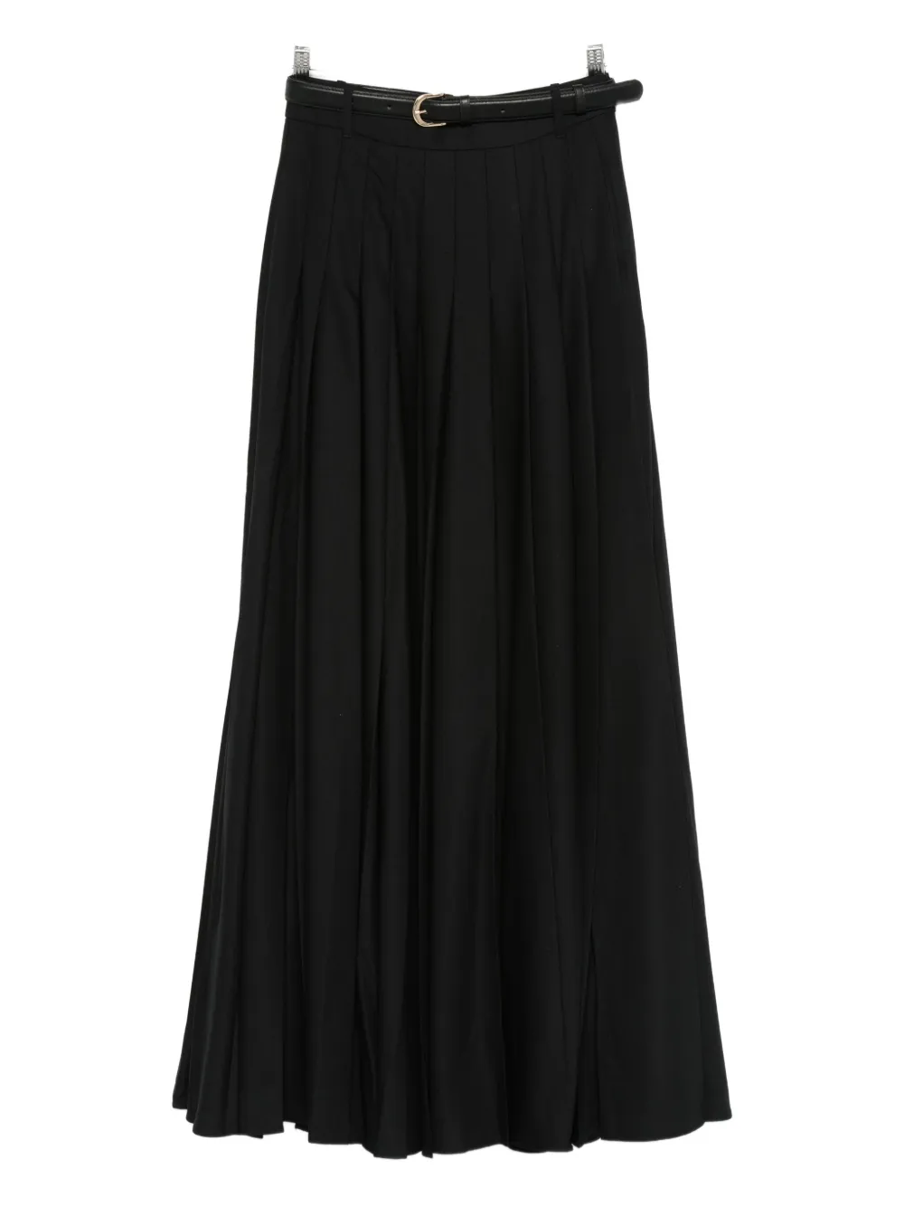 Self-portrait Belted Leather-trimmed Pleated Twill Maxi Skirt In Black
