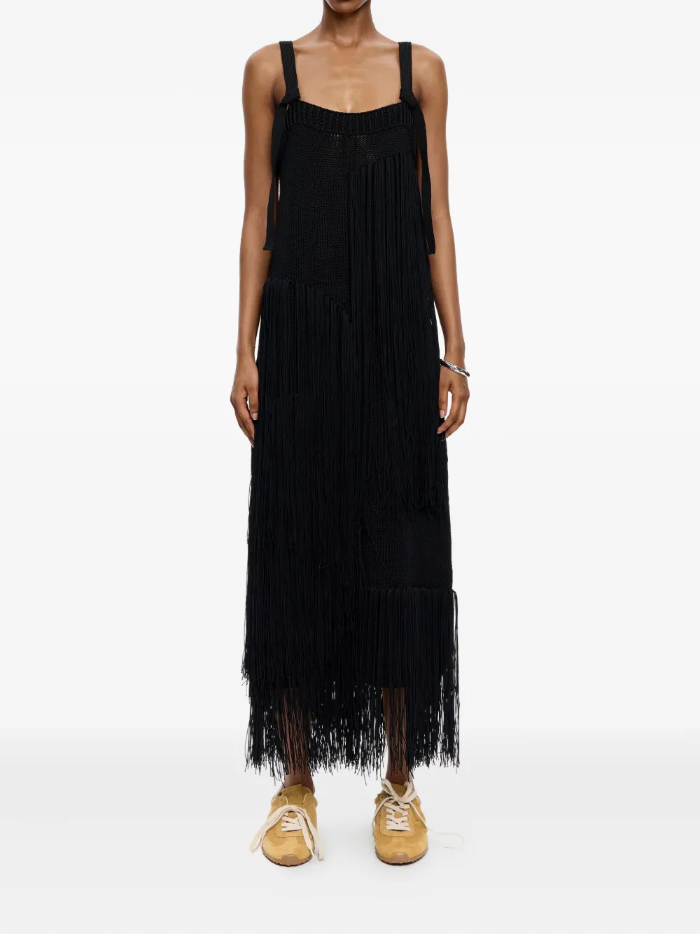 Bimba Y Lola Knit Fringed Midi Day Dress In Black