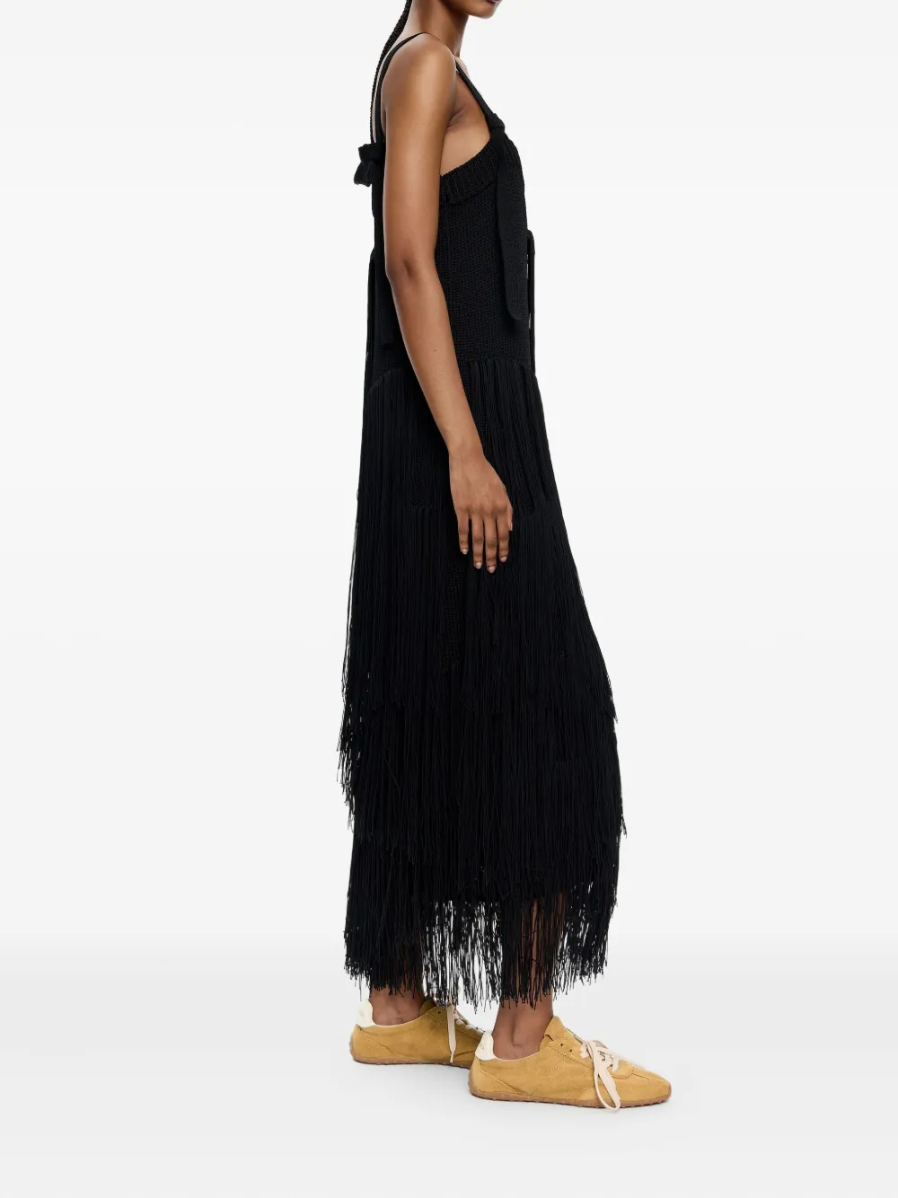 Bimba Y Lola Knit Fringed Midi Day Dress In Black